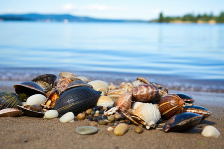 collection of shellfish on a seaside background, created with generative aiの素材