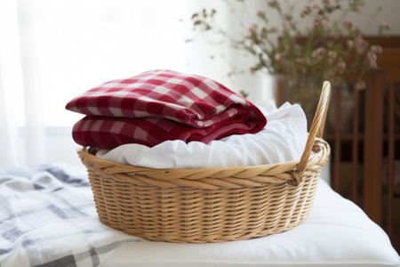 hypoallergenic linens in a laundry basket, created with generative aiの素材