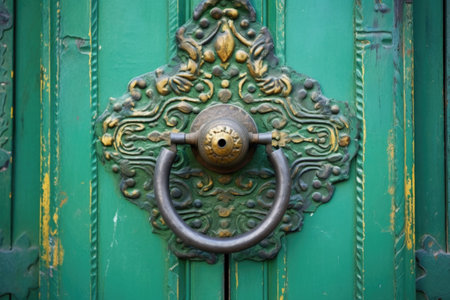 close-up of an ornate bronze door knocker on a green door, created with generative aiの素材