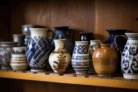 ceramic pottery on a wooden shelf, created with generative aiの素材