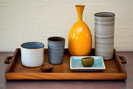 mid-century style wooden tray with ceramic objects, created with generative aiの素材