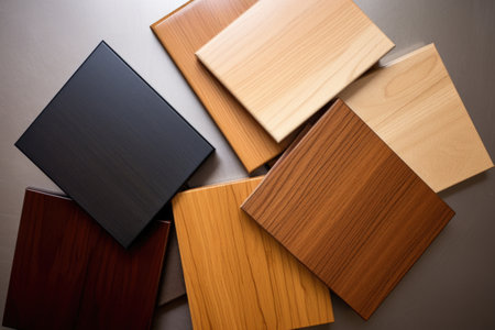 overhead shot of different wood finish samples, created with generative aiの素材