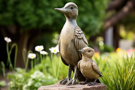 a motherly-looking bird statue with a baby bird statue nearby, created with generative aiの素材