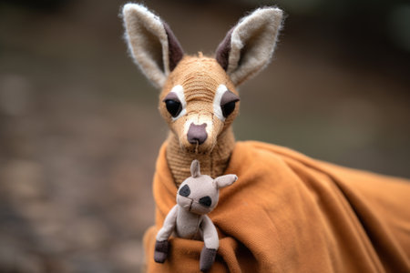 a kangaroo toy holding a tiny stuffed joey in its pouch, created with generative aiの素材