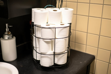 toilet paper stored neatly in tall wire basket, created with generative aiの素材