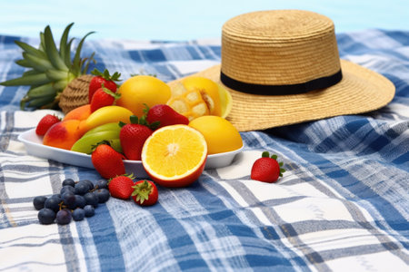 a blue picnic blanket spread with tropical fruits and a straw hat on white sand, created with generative aiの素材