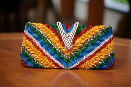 multicolored beaded clutch on a simple tablecloth, created with generative aiの素材