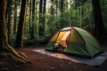 a tent setup in a free camping site in a forest, created with generative aiの素材