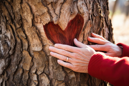 two hands carving a heart shape into the bark of a tree, created with generative aiの素材