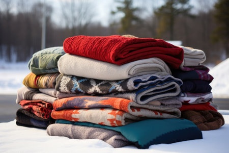 a pile of donated blankets for a winter drive, created with generative aiの素材