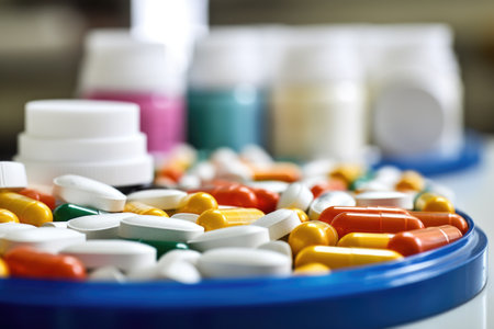 pharmaceutical capsules in a container on pharmacy counter, created with generative aiの素材