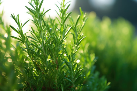 rosemary plant with leaves close-up under morning light, created with generative aiの素材