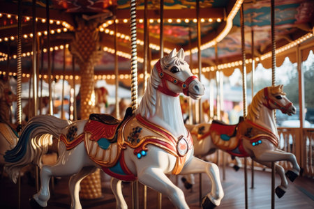 a carousel with wooden horses in amusement park, created with generative aiの素材