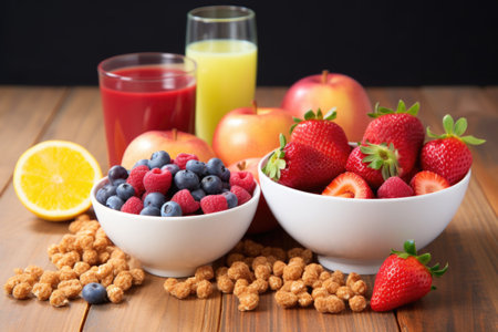 fresh fruits next to a box of sugary cereal, created with generative aiの素材