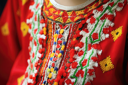 close-up of a beadwork on a childs ethnic dress, created with generative aiの素材