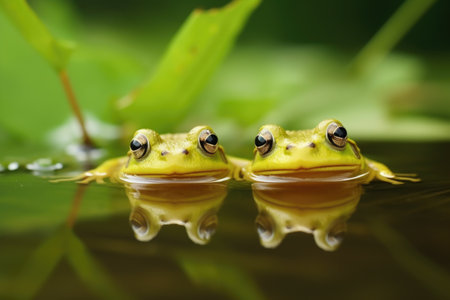 two frogs watching over tadpoles in a pond, created with generative aiの素材