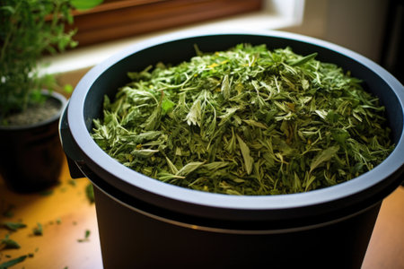 herb leaves in home countertop compost bucket, created with generative aiの素材
