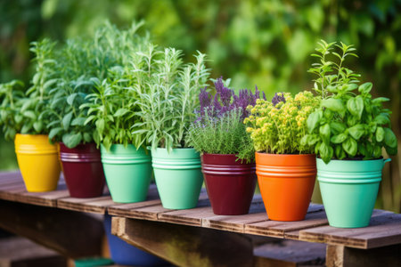 a row of colorful pots each holding a different herb, created with generative aiの素材