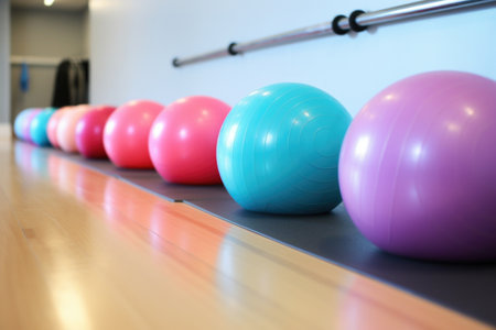 stability balls in a row, ready for a core workout, created with generative aiの素材
