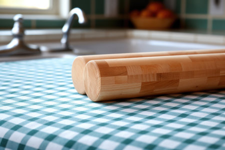 a butcher block countertop with wooden rolling pin, created with generative aiの素材