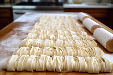 uniformly rolled pasta dough ready to be cut into strands, created with generative aiの素材