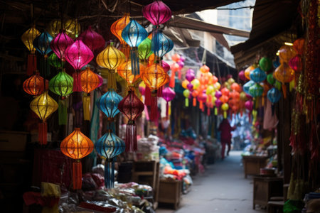 colorful lanterns hanging in a local market, created with generative aiの素材