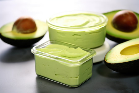 slices of avocado next to an avocado cream container, created with generative aiの素材