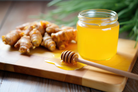 turmeric root on a wooden board, next to a honey jar, created with generative aiの素材