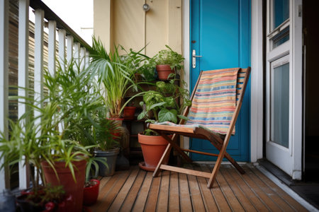 balcony with single deck chair and plant pot, created with generative aiの素材