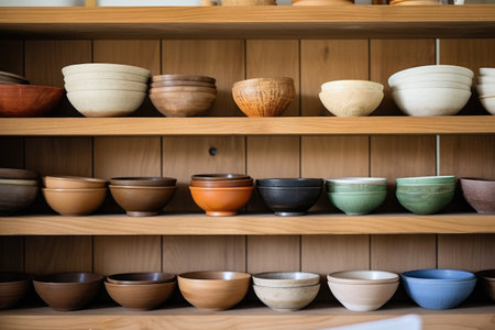artisan wooden bowls arranged on a kitchen shelf, created with generative aiの素材