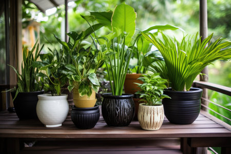 squat, ceramic plant pots with tropical plants on a wooden deck, created with generative aiの素材