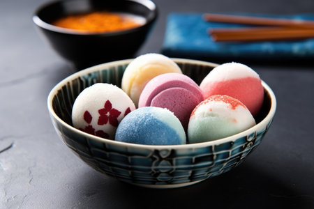 mochi ice cream balls in an asian-style ceramic bowl, created with generative aiの素材