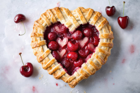 a heart-shaped lattice cherry pie on a marble slab, created with generative aiの素材