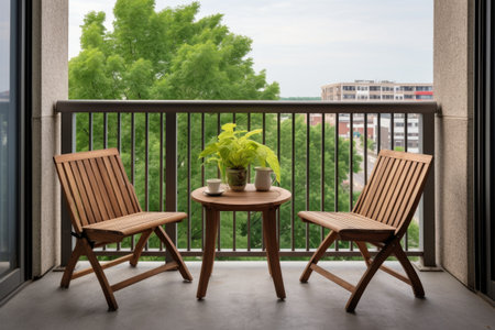 a condo balcony with coffee table and two chairs, created with generative aiの素材