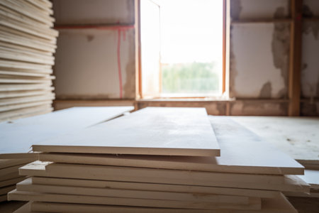 stack of gypsum boards in a home renovation site, created with generative aiの素材