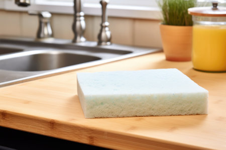 a biodegradable scrub pad next to a kitchen sink, created with generative aiの素材