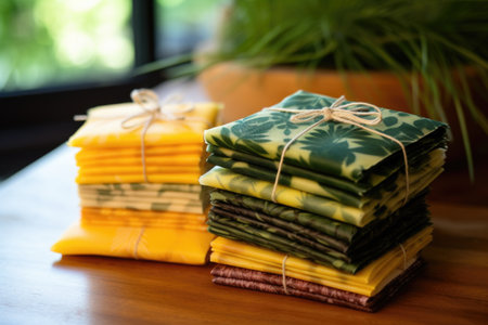 reusable beeswax food wraps folded neatly, created with generative aiの素材