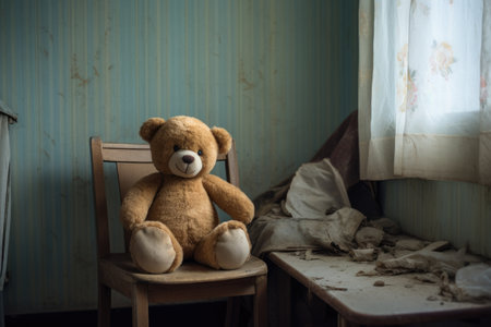 abandoned teddy bear in an empty childrens room, created with generative aiの素材