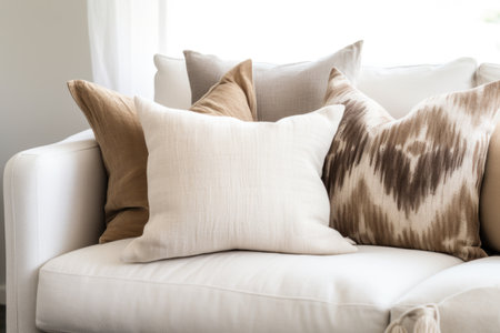 a couch with several throw pillows in neutral tones, created with generative aiの素材