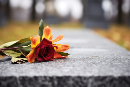 close-up of a gravestone in a cemetery, created with generative aiの素材