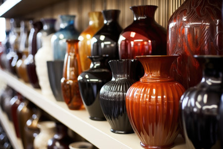 close-up of urns on a shelf in a store, created with generative aiの素材