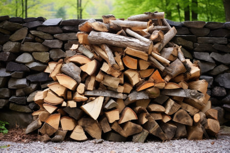 a pile of firewood stacked against a stone wall, created with generative aiの素材