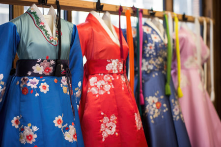 hangings of embroidery detailed hanbok dresses, created with generative aiの素材