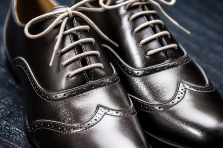 close-up of laces on a shiny leather shoe, created with generative aiの素材
