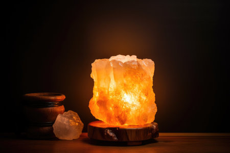 salt lamp glowing in a dark and quiet room, created with generative aiの素材