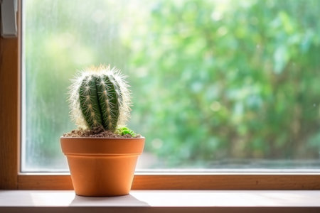 cactus plant on a wooden window sill, created with generative aiの素材