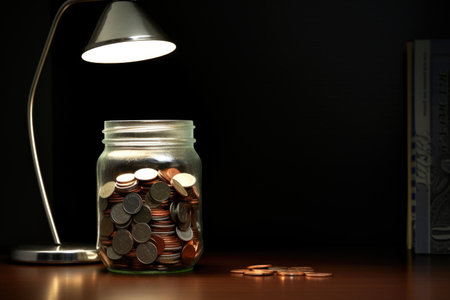 a savings jar filled with coins under a desk lamp, created with generative aiの素材