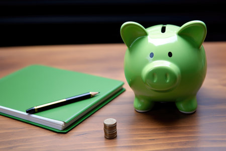close-up shot of a green piggy bank standing next to a savings journal, created with generative aiの素材