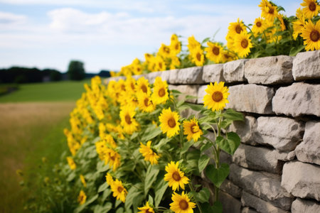 sunflowers in full bloom against a plain stone wall, created with generative aiの素材