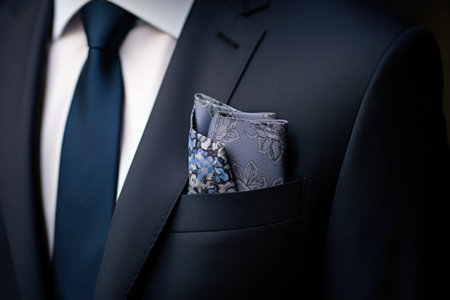 blue pocket square peeks out of a charcoal suit jacket, created with generative aiの素材